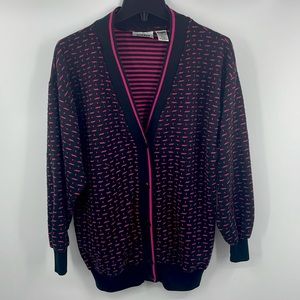 Vintage Gitano Black & Hot Pink dot dash Geometric Knit Cardigan Size Small